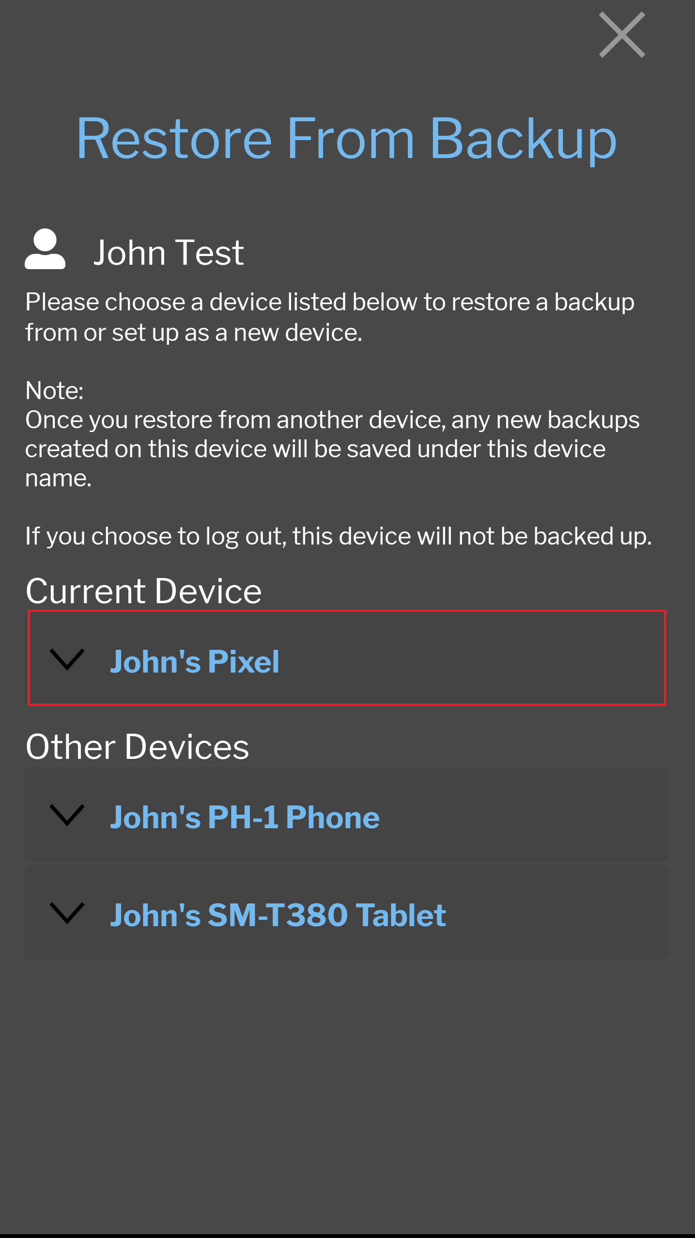 Restore From Backup Device List