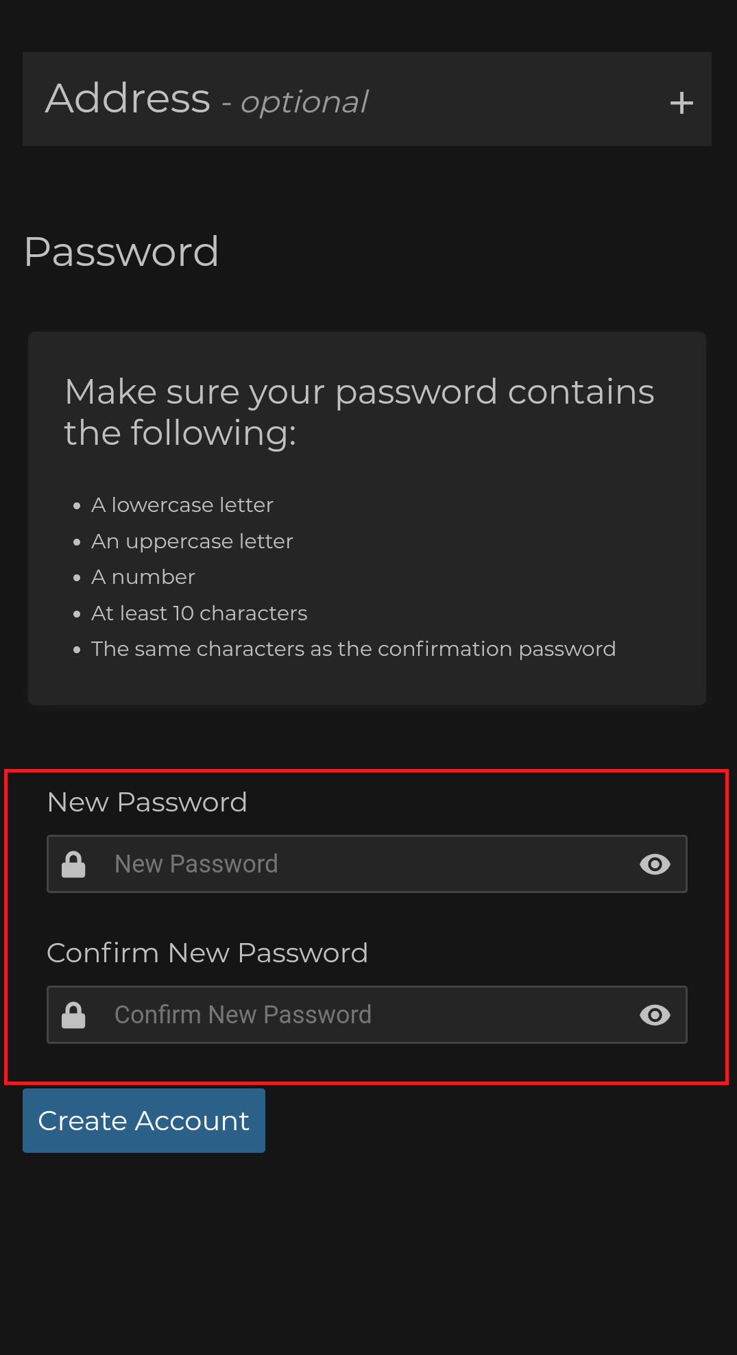 Enter and Confirm Password